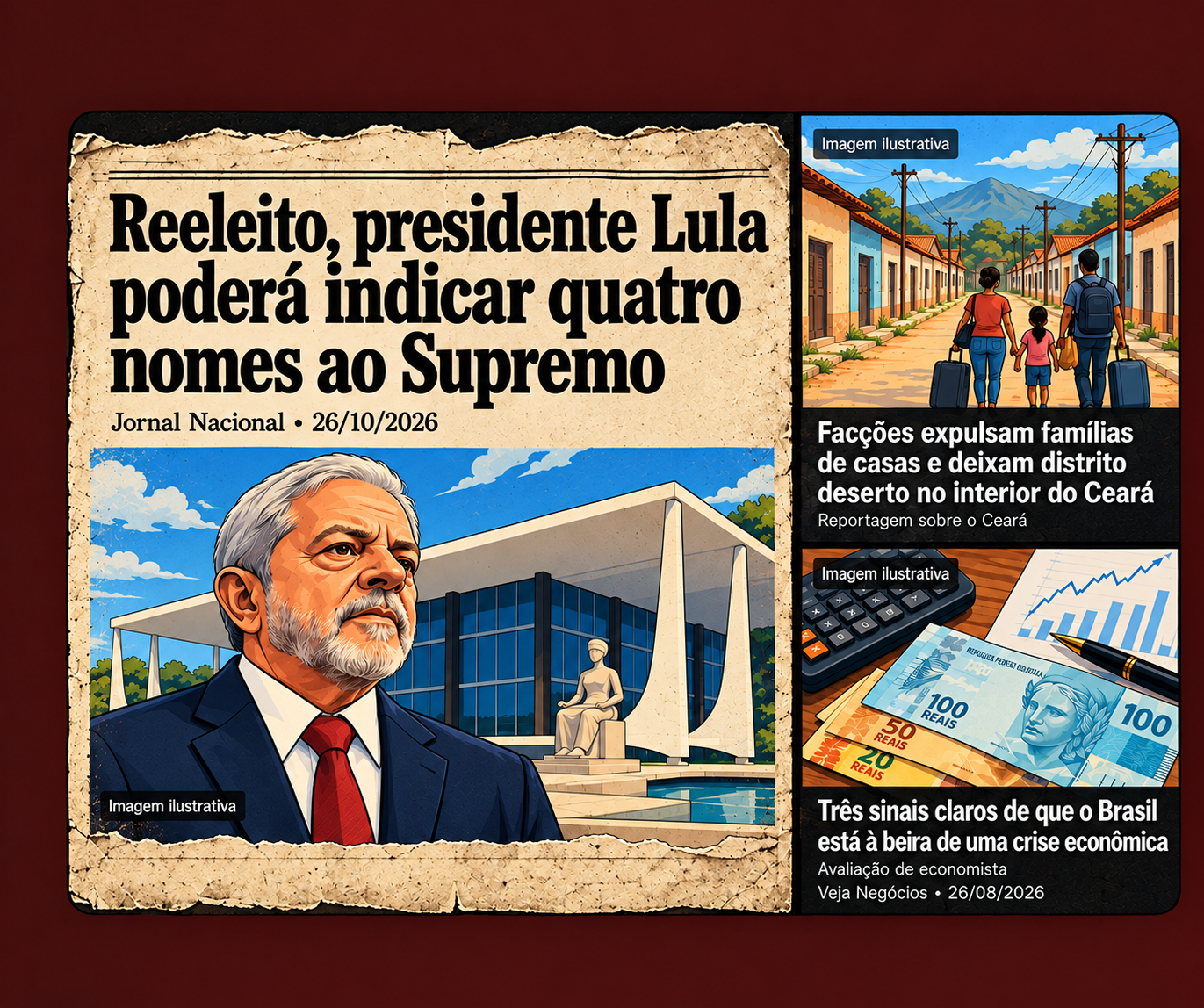 Mockup editorial com recortes de jornais sobre crise econômica e instabilidade