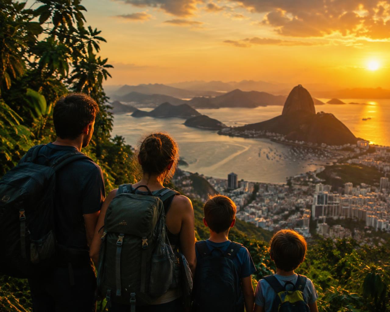 Família com mochilas observando a cidade ao entardecer